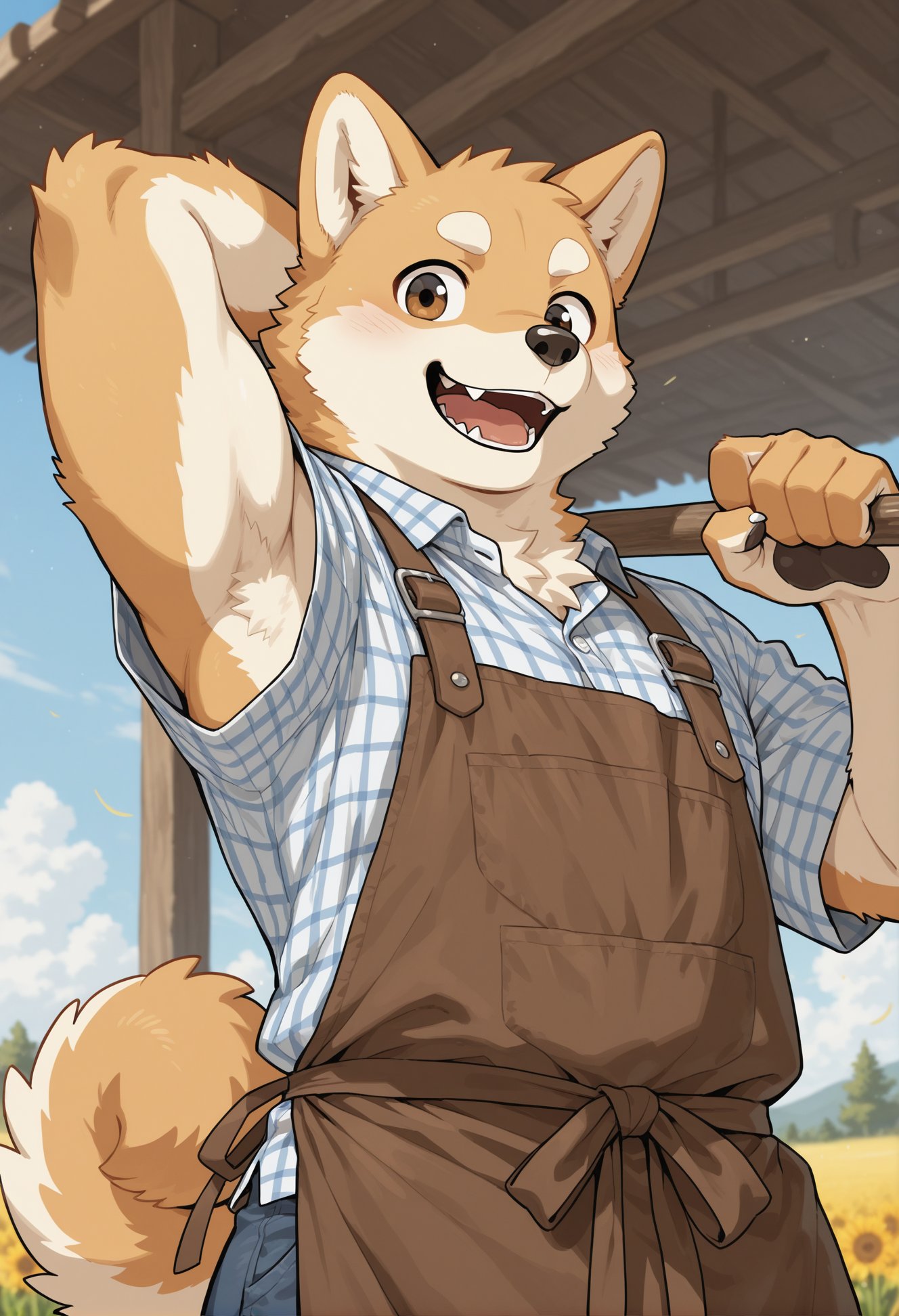 Shiba Inu,  furry,  wearing simple farmer's clothes by ReedVaughn on Tensor.Art