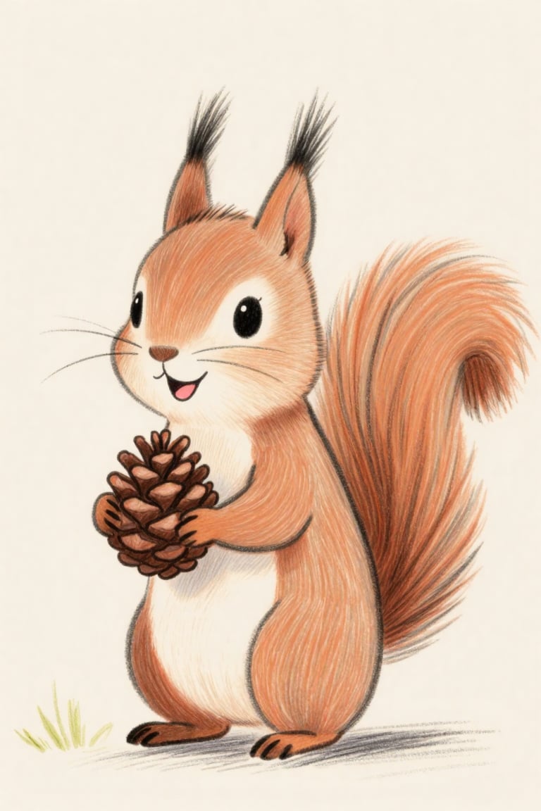 Crayon hand-drawn cartoon illustration,  high-definition picture quality. A happy little squirrel 抱着一个松果,  毛茸茸的身体 by 10311...