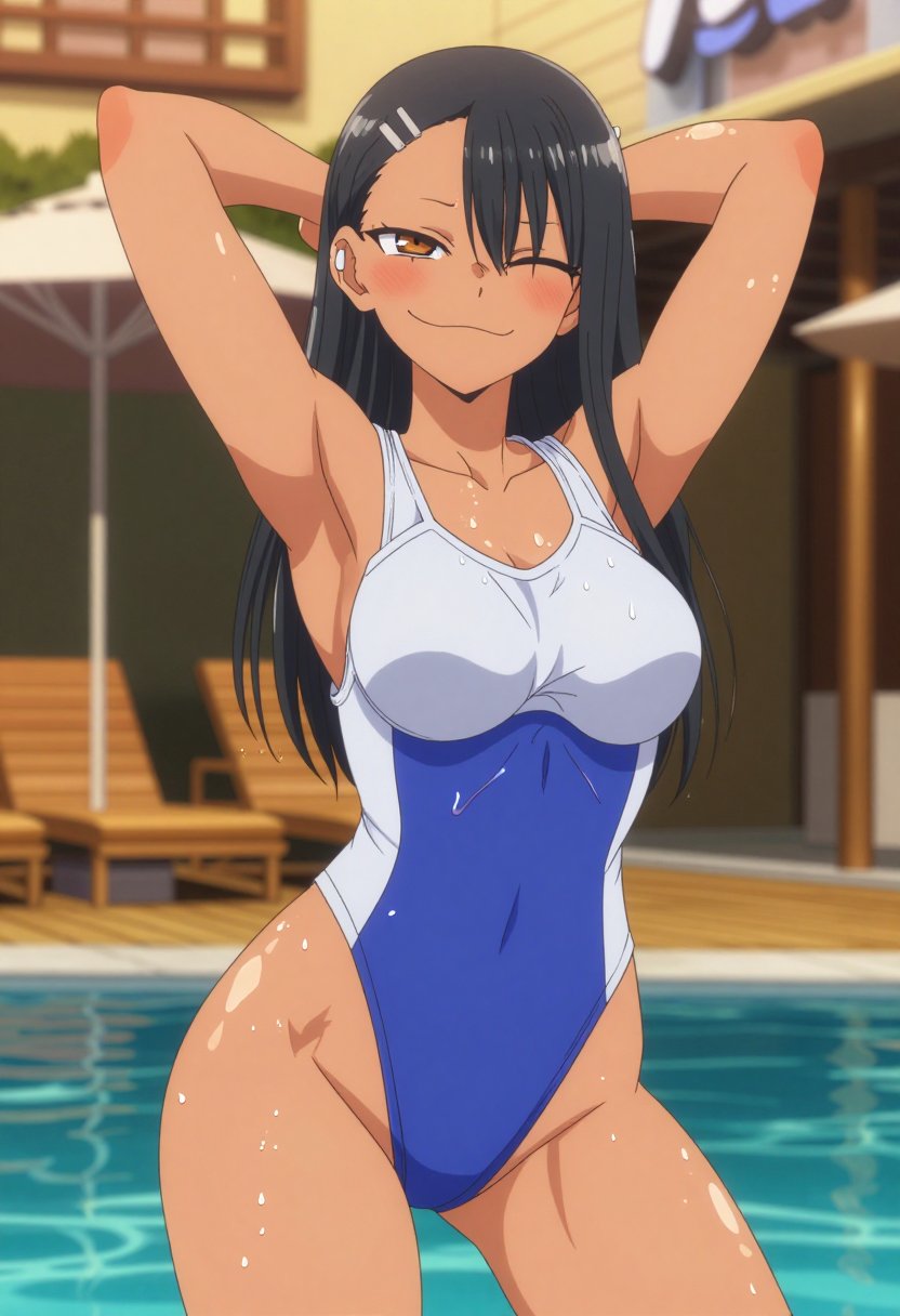 zzNagatoro,  Standing poolside at golden hour,  hands behind head posing confidently by Citron Legacy on Tensor.Art