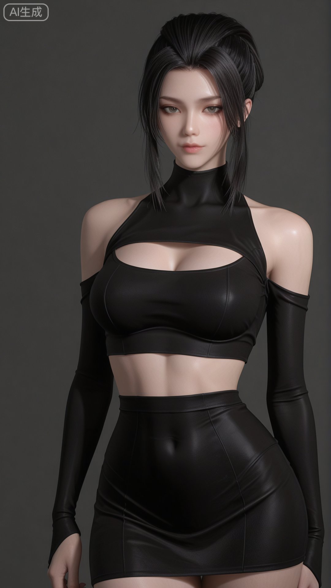 clothes,  black crop top,  black bodycon dress by 月恋-❀ on Tensor.Art