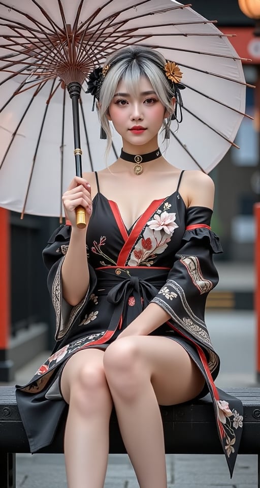 Generate a real-world photograph realistic photography 1girl solo looking at viewer bangs hair ornament bare shoulders sit...