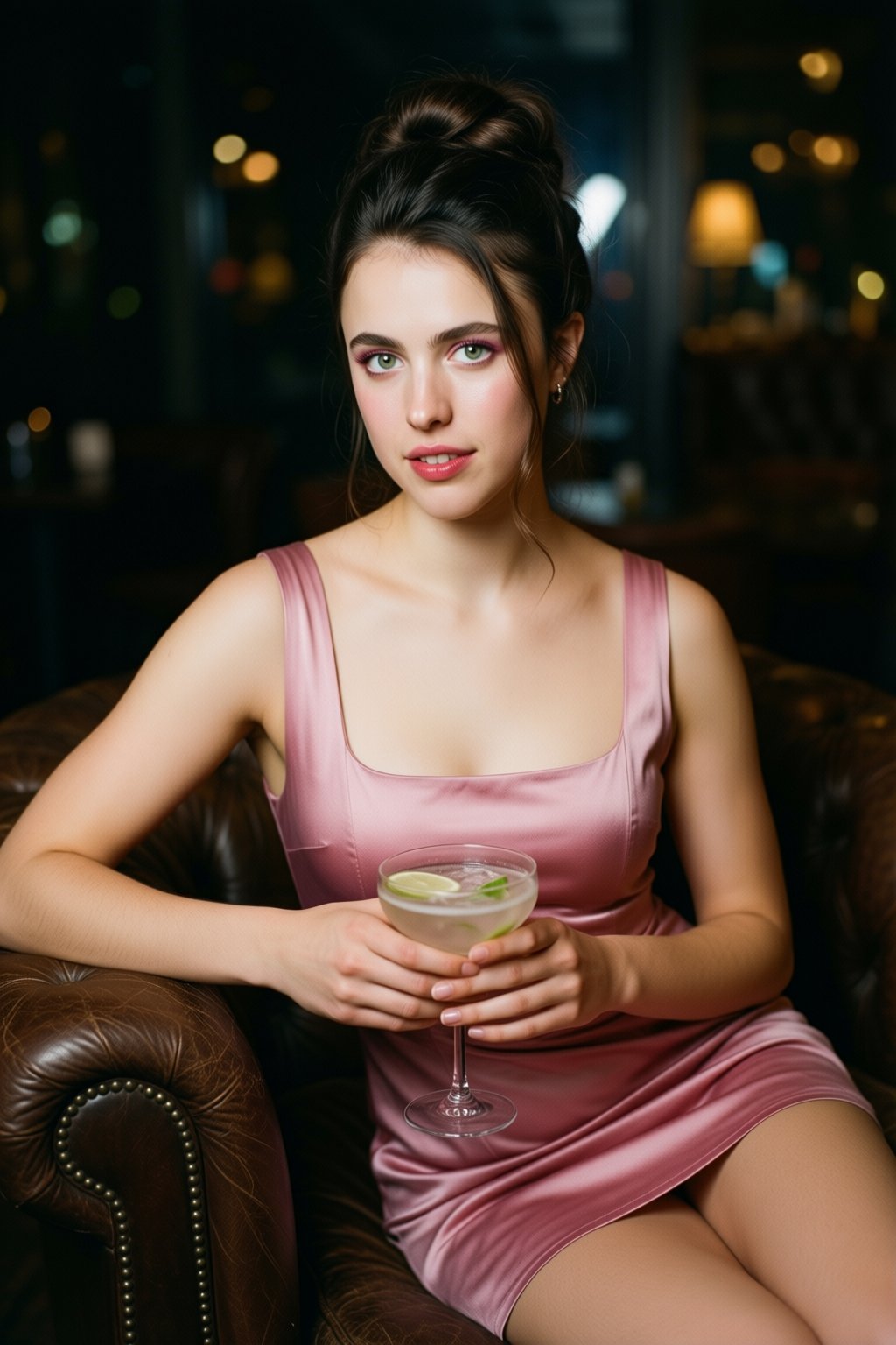 Professional portrait of a young Brunette woman with fair skin,  a slim build,  and dark hair neatly tied in a high bun. S...