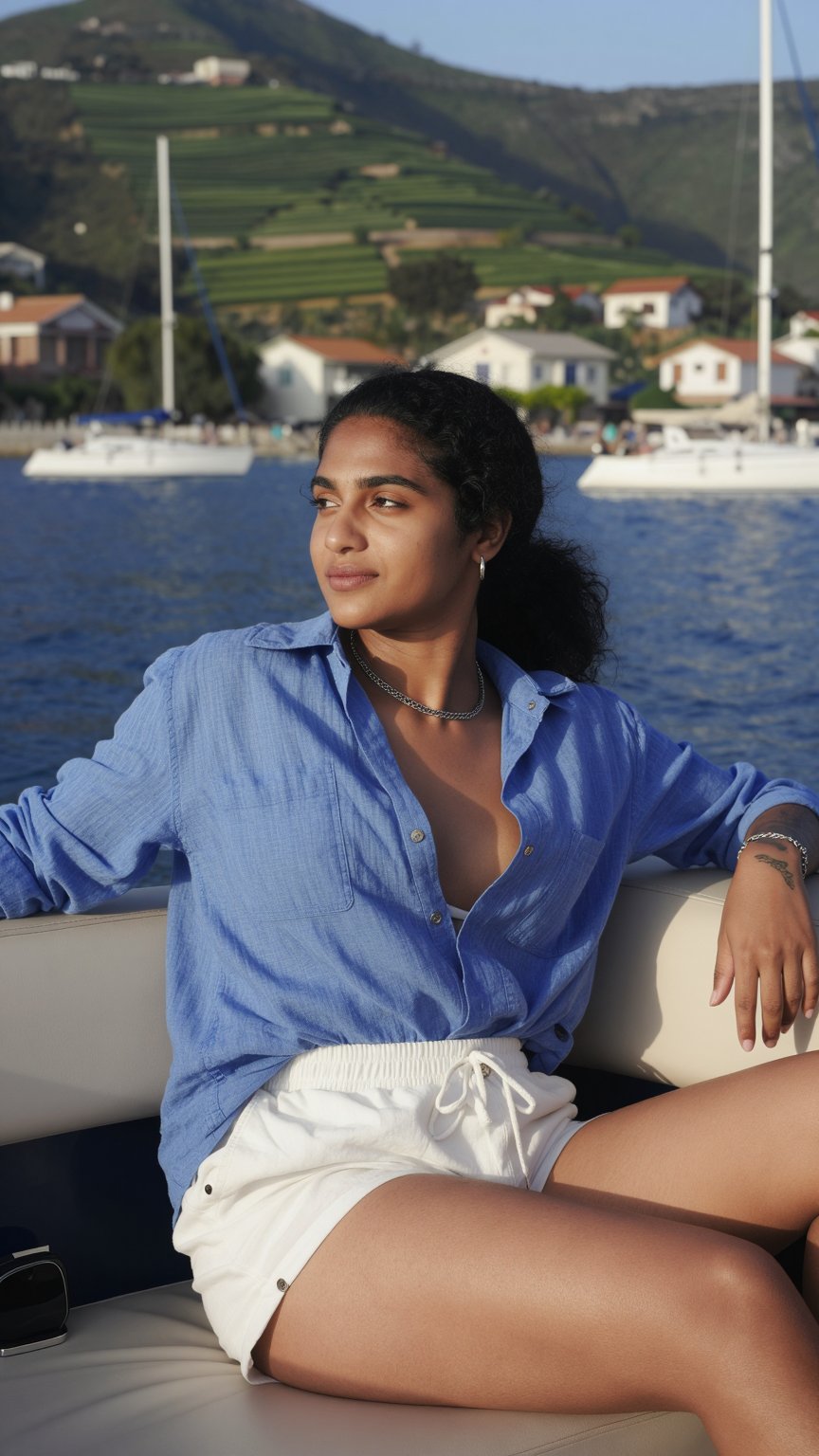 SHOT: • Composition: Relaxed medium half-body shot,  seated angle from side,  subject lounging on boat seat • Camera Setti...