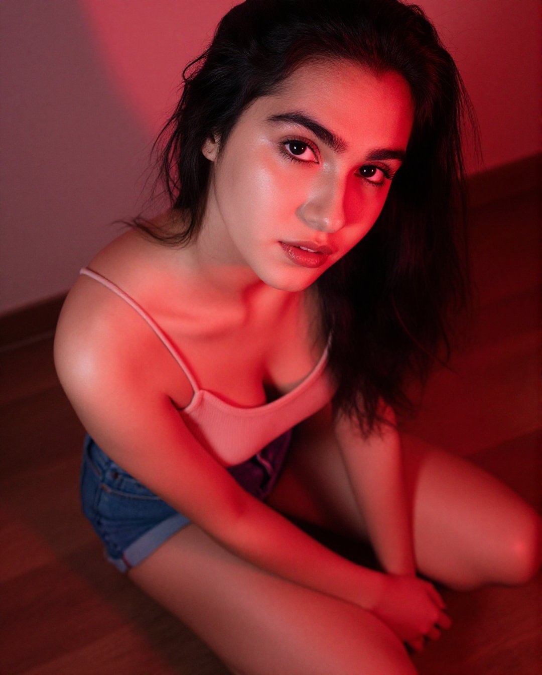 Create a portrait without changing facial features. Close-up a young woman with a full bust,  she sits on the floor on her...