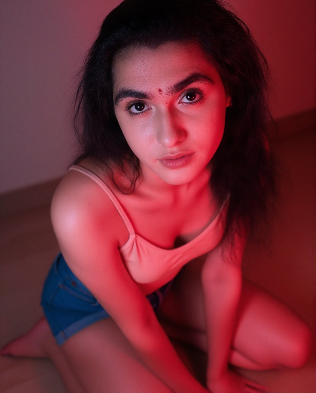 Create a portrait without changing facial features. Close-up a young woman with a full bust,  she sits on the floor on her...