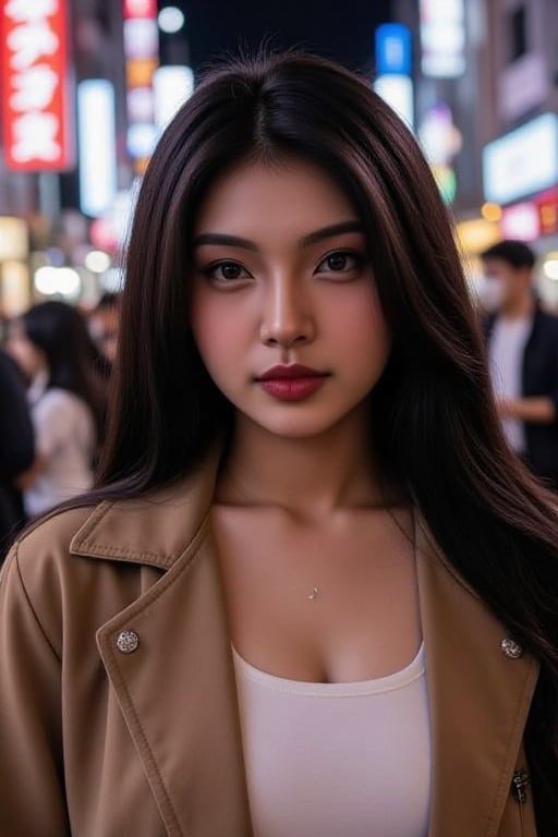 Lofi aesthetic night photography. A girl wearing a tan jacket and white top standing in a crowded neon street. The image h...