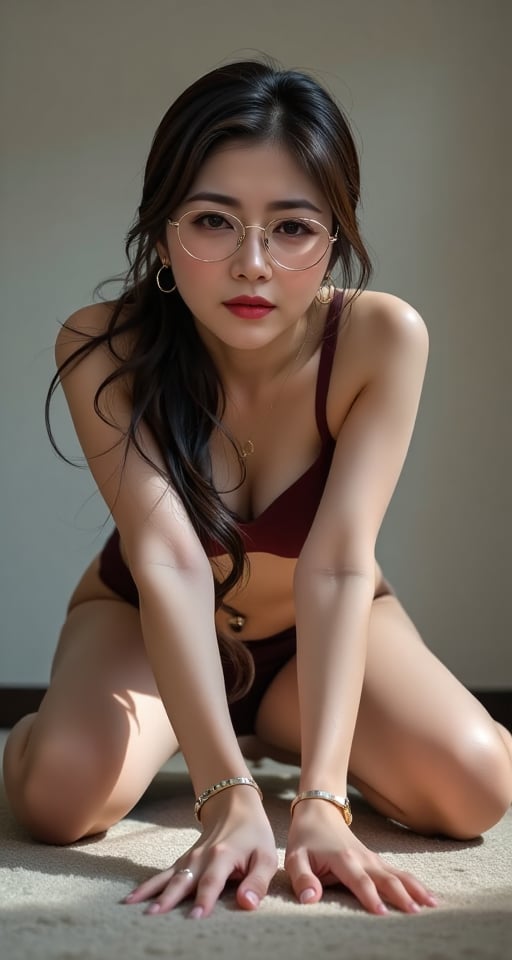 Create a realistic scene of a solo-focused 1girl indoors,  bent over and leaning forward towards the audience from a pov....