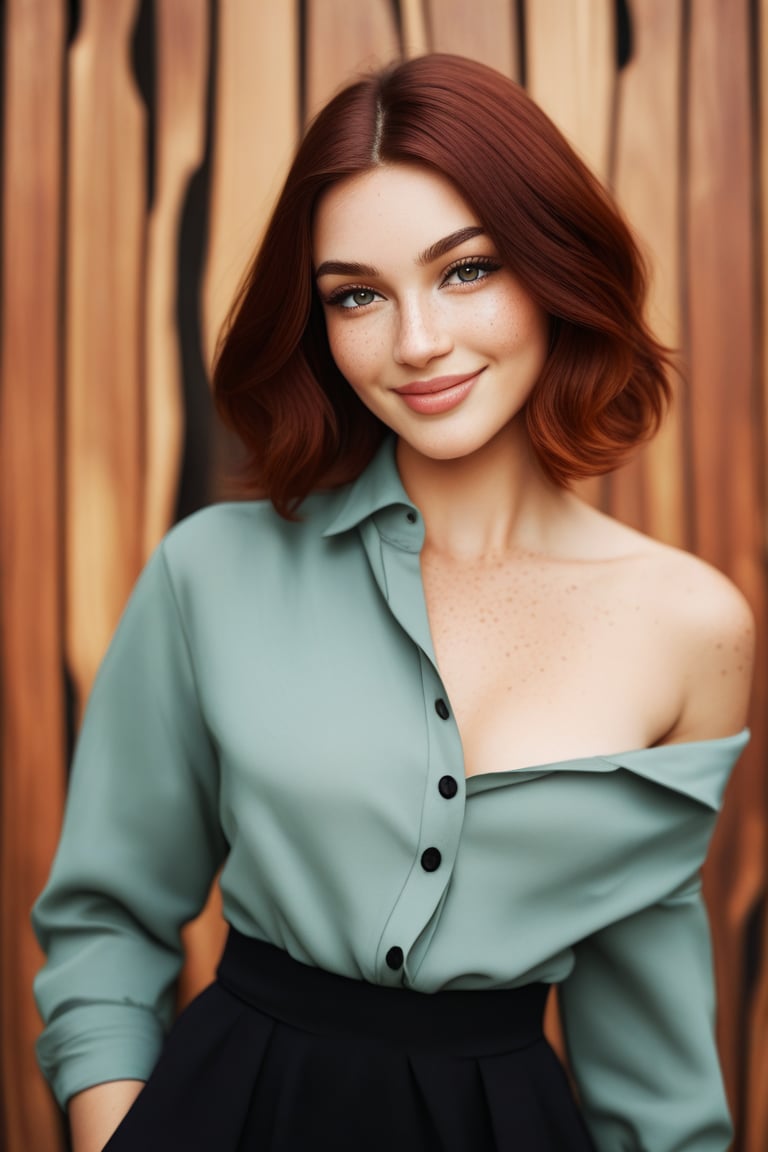 Cinematic studio portrait,  woman dressed in a loose men's dress shirt falling off one shoulder,  minimal makeup by Charmi...