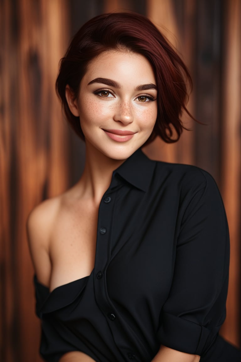 Cinematic studio portrait,  woman dressed in a loose men's dress shirt falling off one shoulder,  minimal makeup by Charmi...