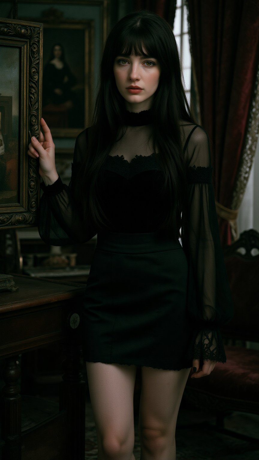 A hauntingly beautiful character portrait photograph. A young European woman with an enigmatic,  magnetic presence command...