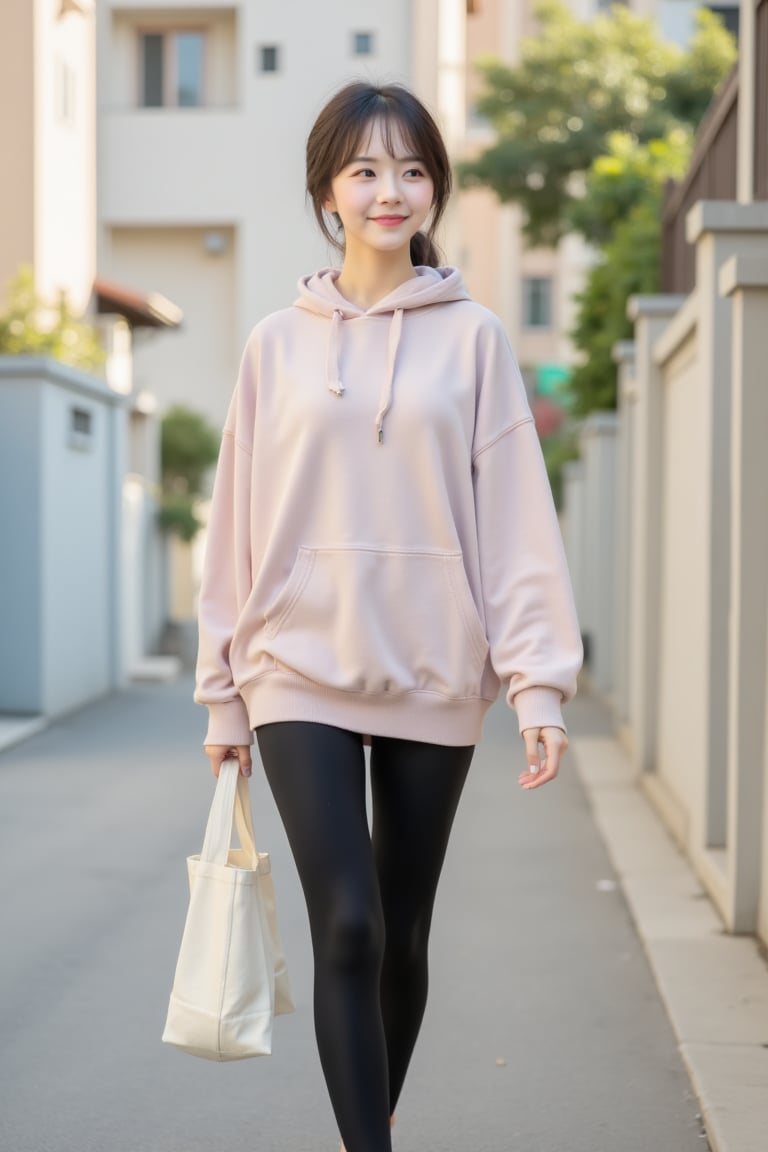 A cute and youthful East Asian woman walks along a quiet residential street,  styled in a Korean-inspired casual daily loo...