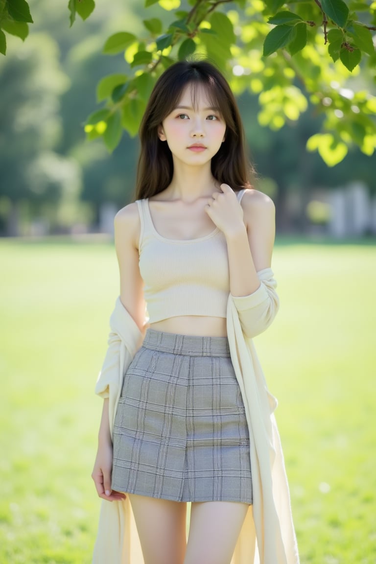 A dreamy Korean-style summer campus photoshoot featuring a young Asian girl standing under tree shade on a wide green lawn...