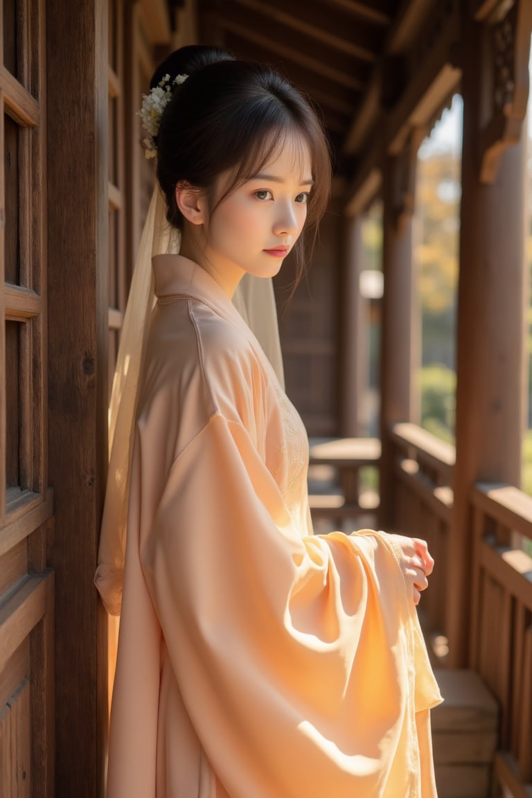 A photorealistic image of a young Asian girl in an apricot-colored Hanfu standing beside an old wooden window in a traditi...