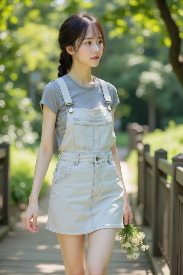 An Asian girl walking across a small wooden bridge along a shaded forest path,  dressed in a short-sleeve mist gray linen-...