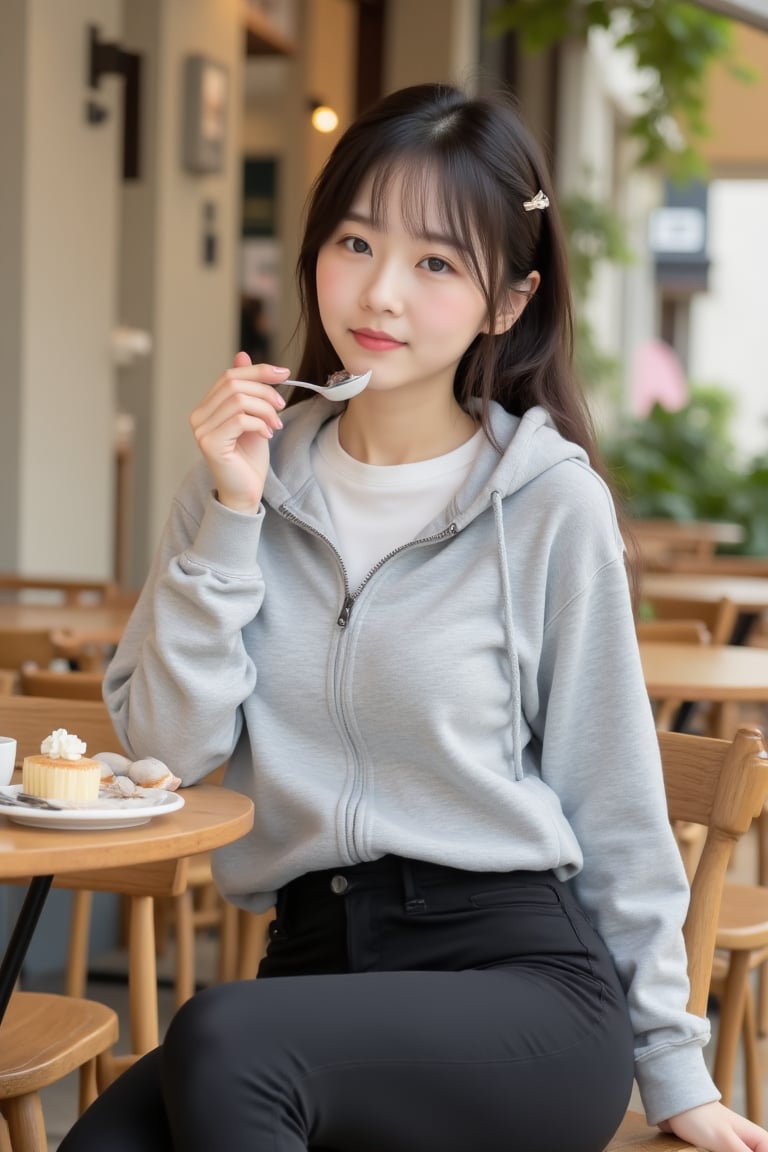 A sweet East Asian girl sits at a cozy outdoor café table wearing a light gray zip-up hoodie layered over a simple inner t...