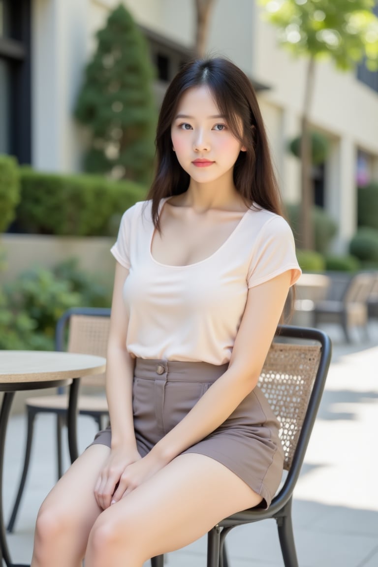 A bright daytime image of a soft-curvy Asian girl sitting casually at an outdoor café table in a modern city plaza. She we...