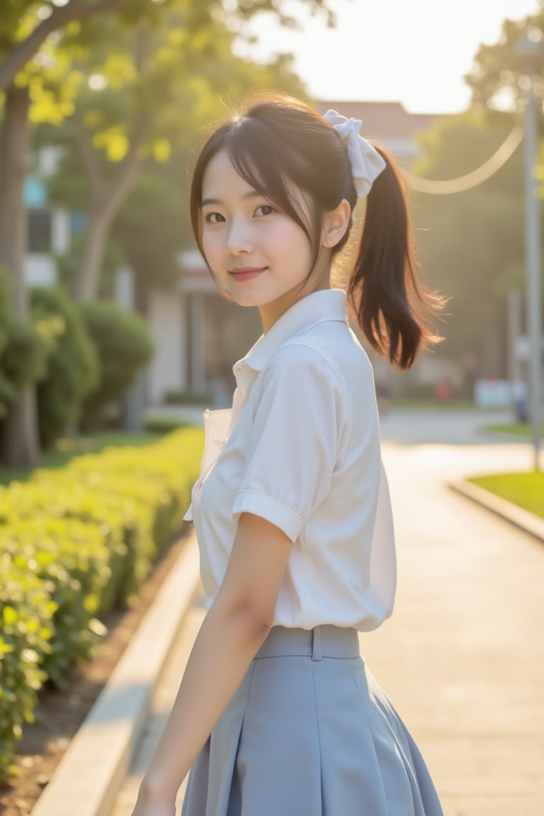 An Asian schoolgirl walks slowly along a sunlit school path,  the gentle wind lifting the ends of her bow hair accessory i...