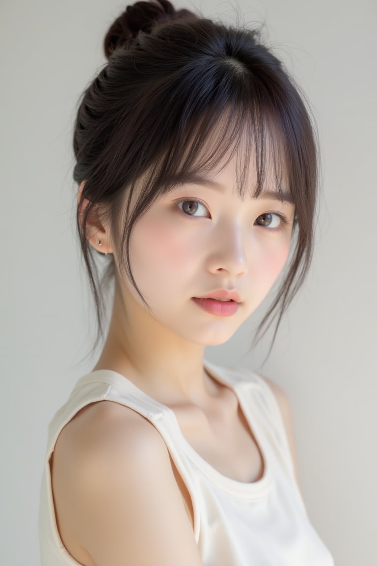 In a minimalist studio setting with controlled soft lighting,  an Asian girl poses with perfectly styled airy fringe bangs...