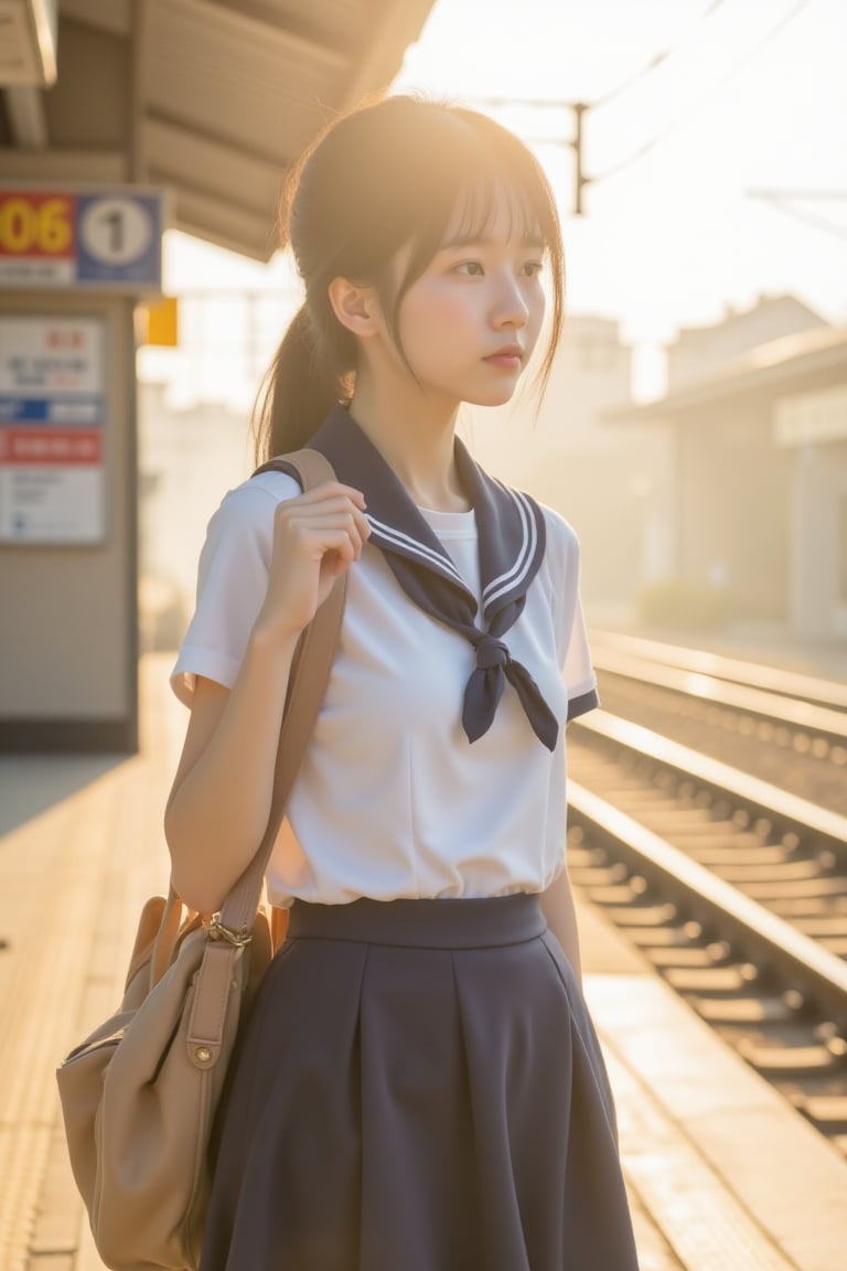 An Asian female student in a classic white and navy sailor school uniform standing on a quiet train platform in the soft m...
