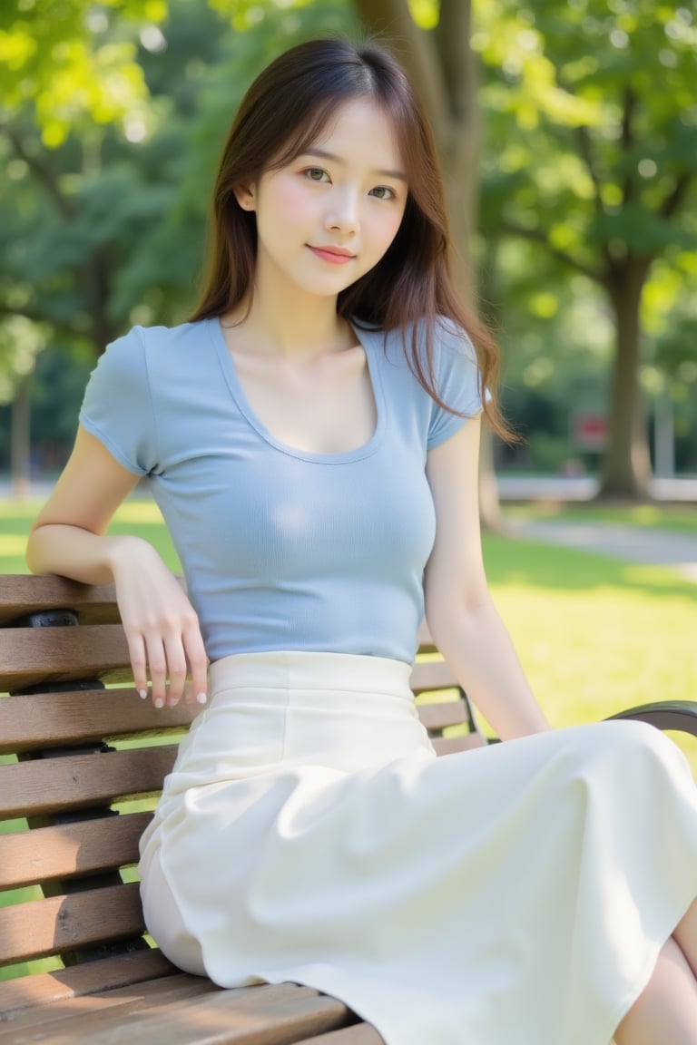 An Asian Cutegirl seated sideways on a wooden park bench in the afternoon sun,  wearing a fitted ice blue short-sleeve top...