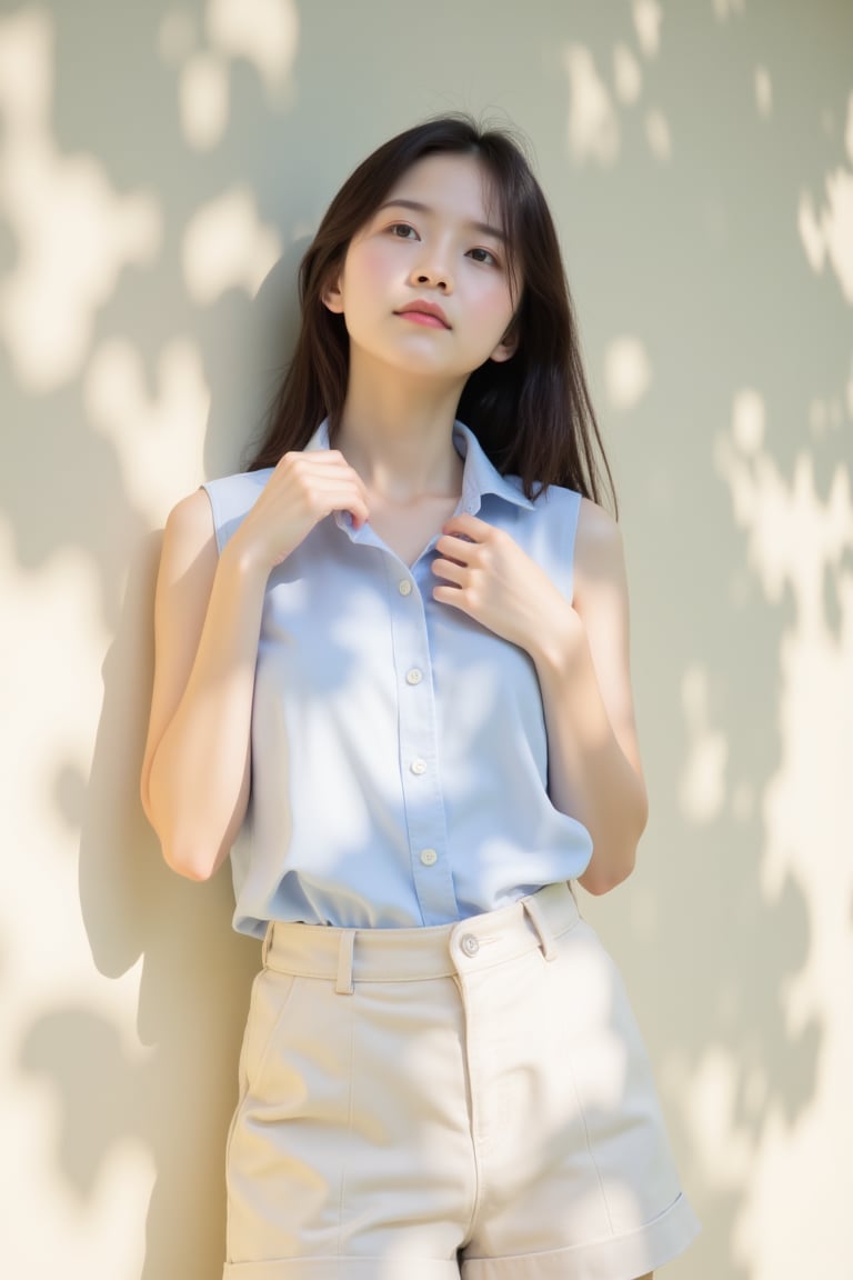 An Asian girl stands quietly in front of a light-toned wall under soft afternoon sunlight. She wears a pale blue sleeveles...