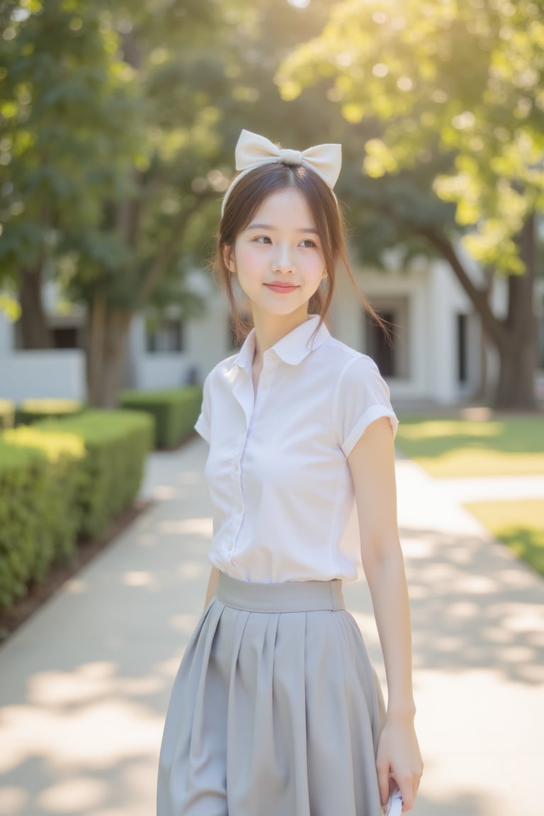 An Asian schoolgirl walks slowly along a sunlit school path,  the gentle wind lifting the ends of her bow hair accessory i...