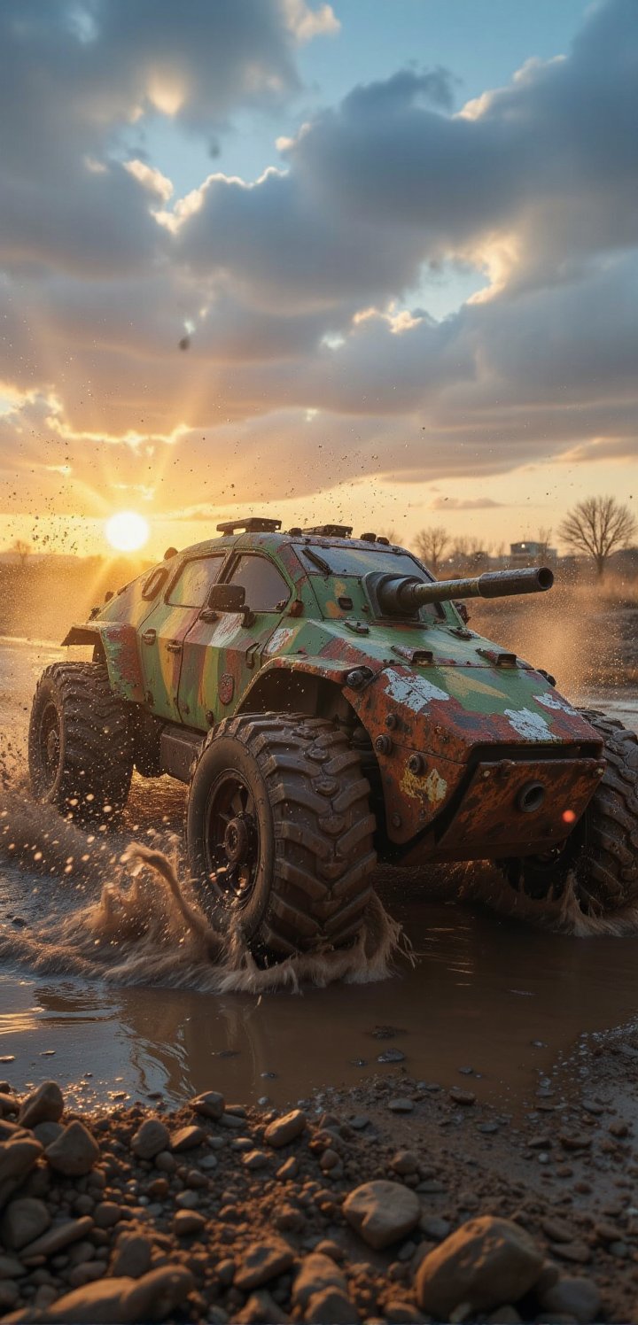 A futuristic hybrid tank-vehicle with an oversized front wheel,  splashing through a deep,  muddy wasteland. Water and mud...