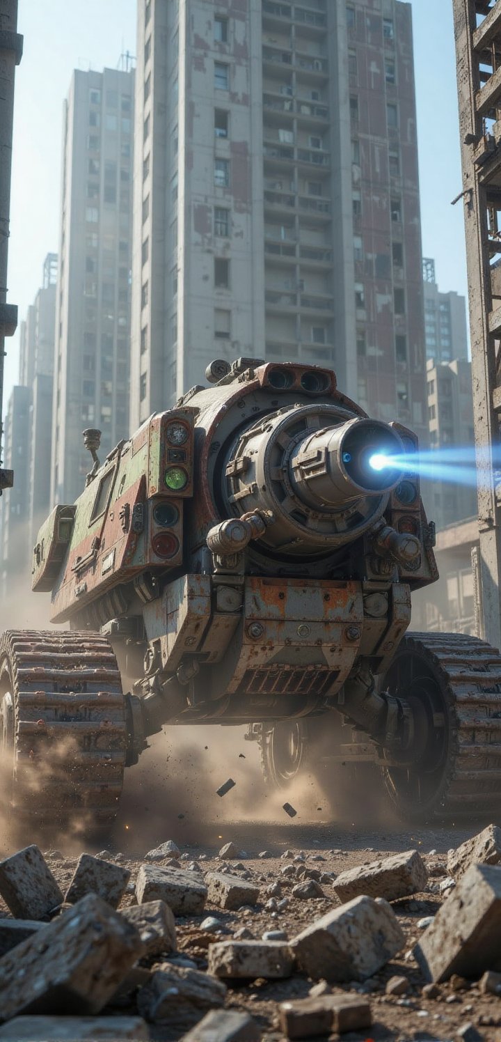 The City Ruins Charger A massive combat machinery with a giant front monowheel and heavy rear treads,  navigating through...
