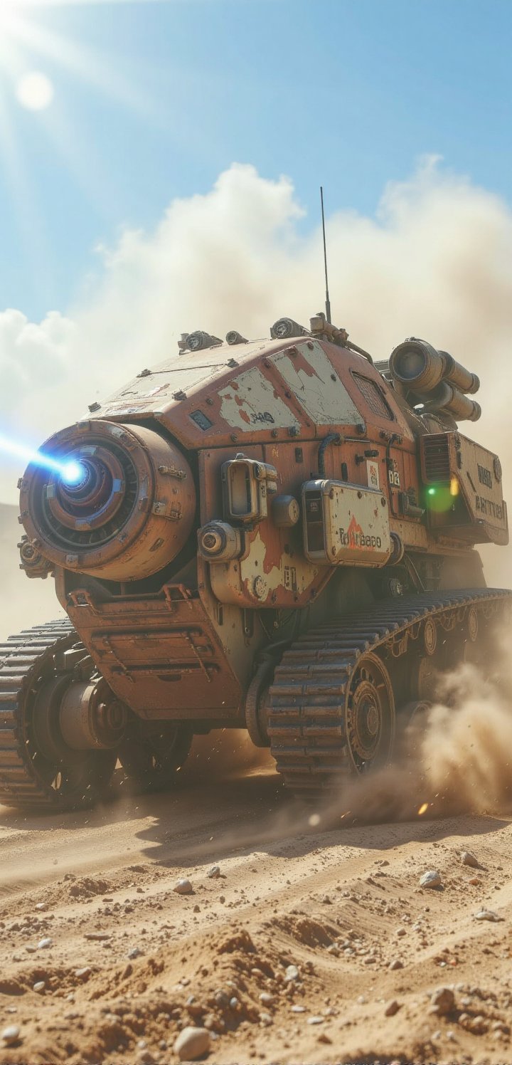 A massive post-apocalyptic combat vehicle with a giant front monowheel and heavy rear tank treads,  tearing through a dese...