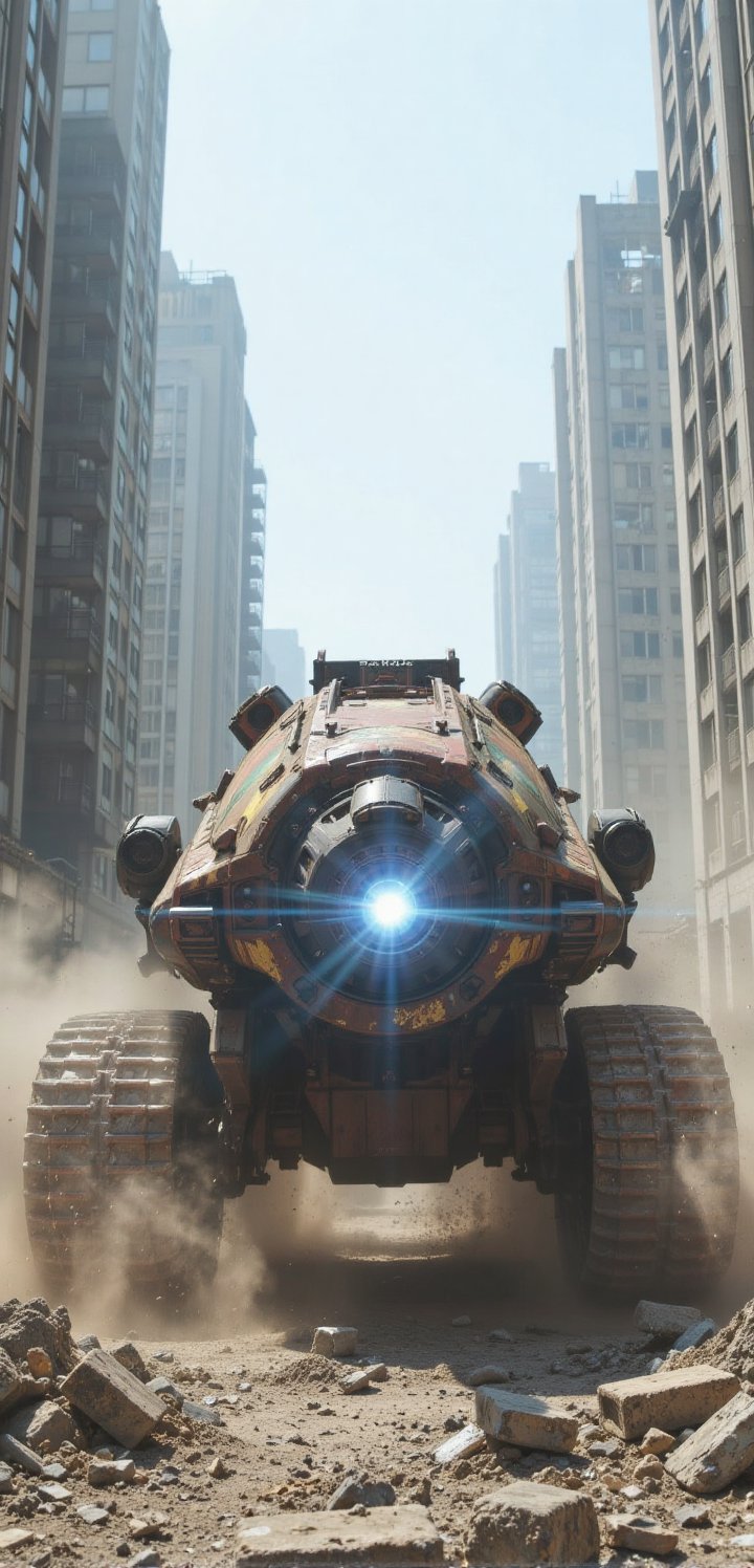 A massive combat vehicle with a giant front monowheel and heavy rear tank treads,  navigating through towering city ruins....