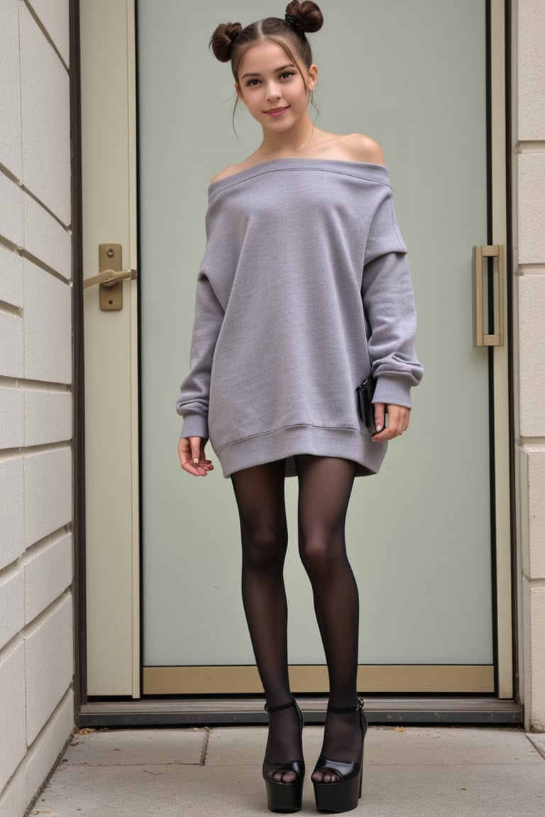 1girl,  oversized off-shoulder sweater dress,  platform heels by Adam on Tensor.Art