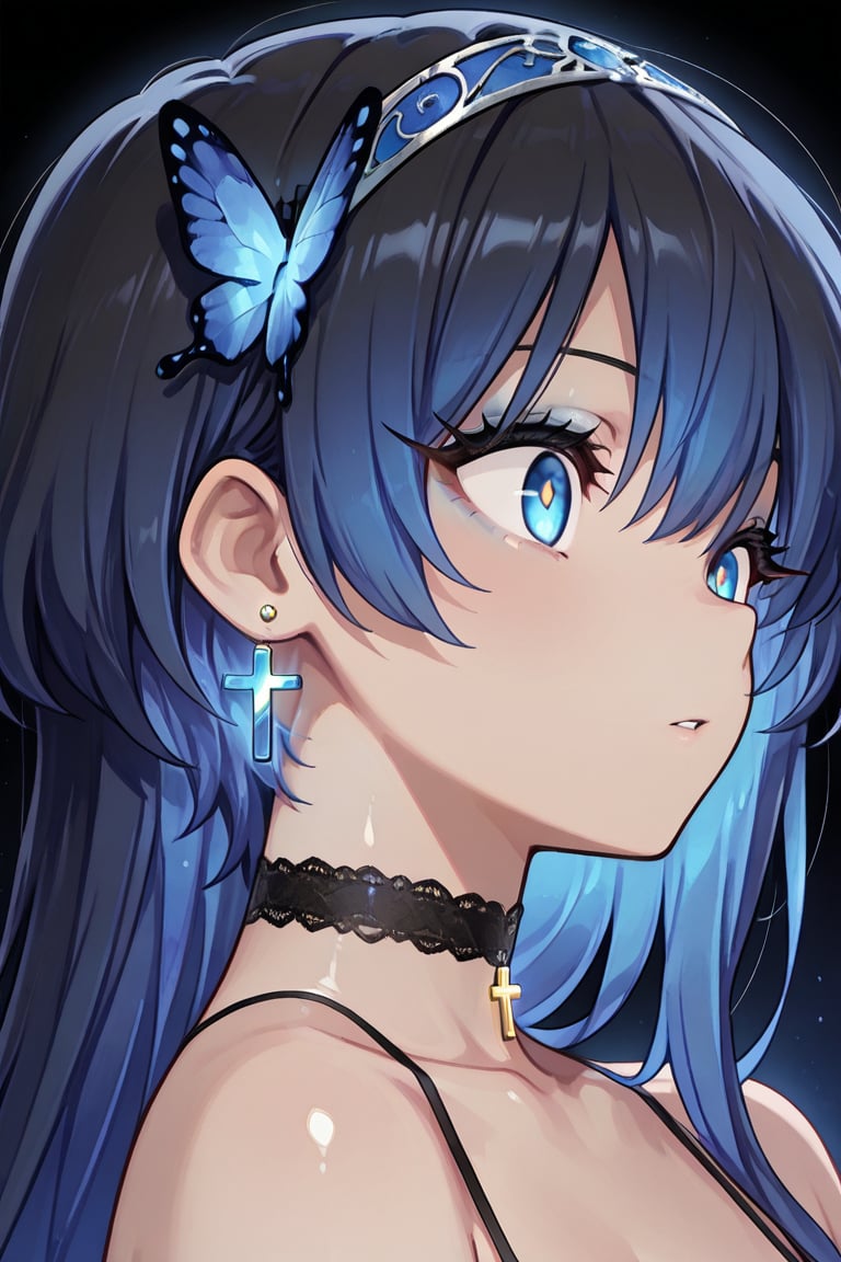 Noble blue hairband,  shiny cross earrings & blue inside of hair,  Long eyelashes & thick eyeliner by らび@kiyoka_succubus o...