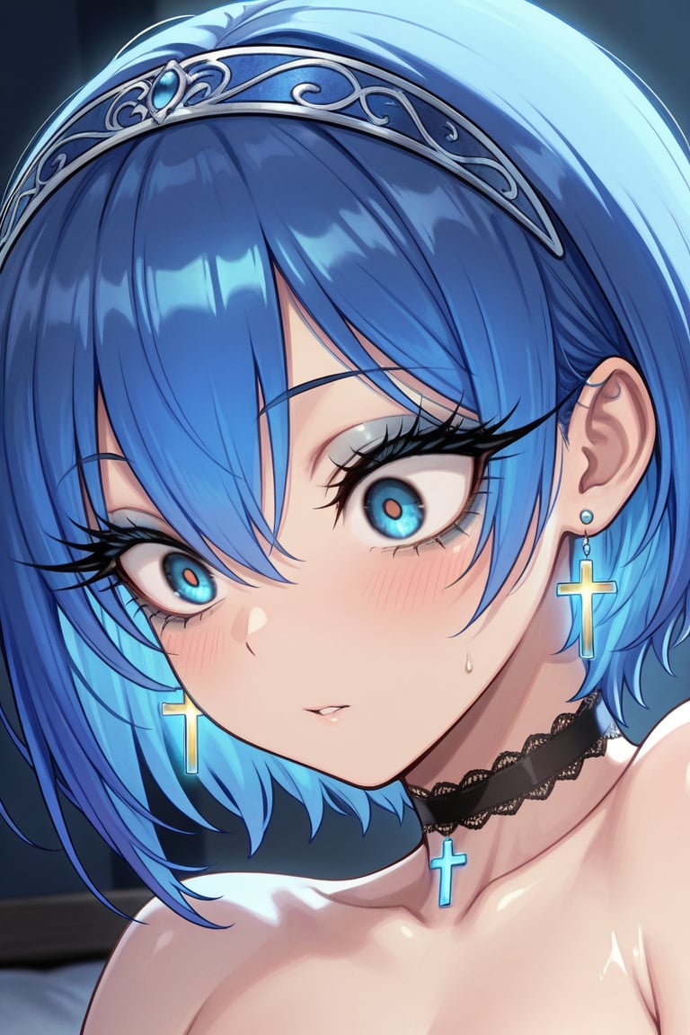 Noble blue hairband,  shiny cross earrings & blue inside of hair,  Long eyelashes & thick eyeliner by らび@kiyoka_succubus o...