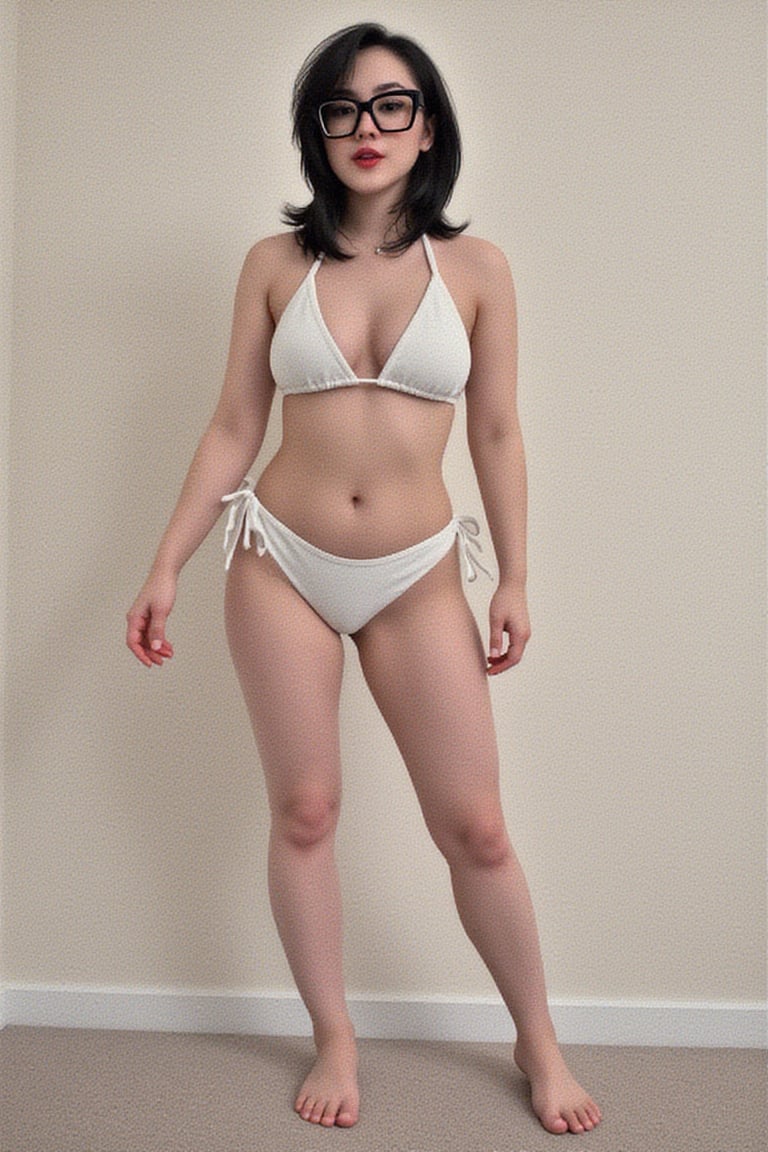 The image shows a woman standing against a plain,  light-colored background. The individual is wearing a light-colored bik...