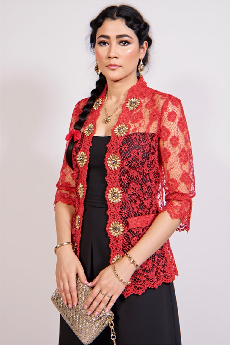 The image shows a person wearing a red lace jacket with intricate patterns. The jacket has three-quarter sleeves and is ad...