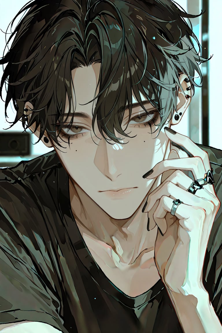 a young adult man with messy slightly wavy black hair,  dark brown tired-soft eyes,  slim slightly lanky build by Carmenta...