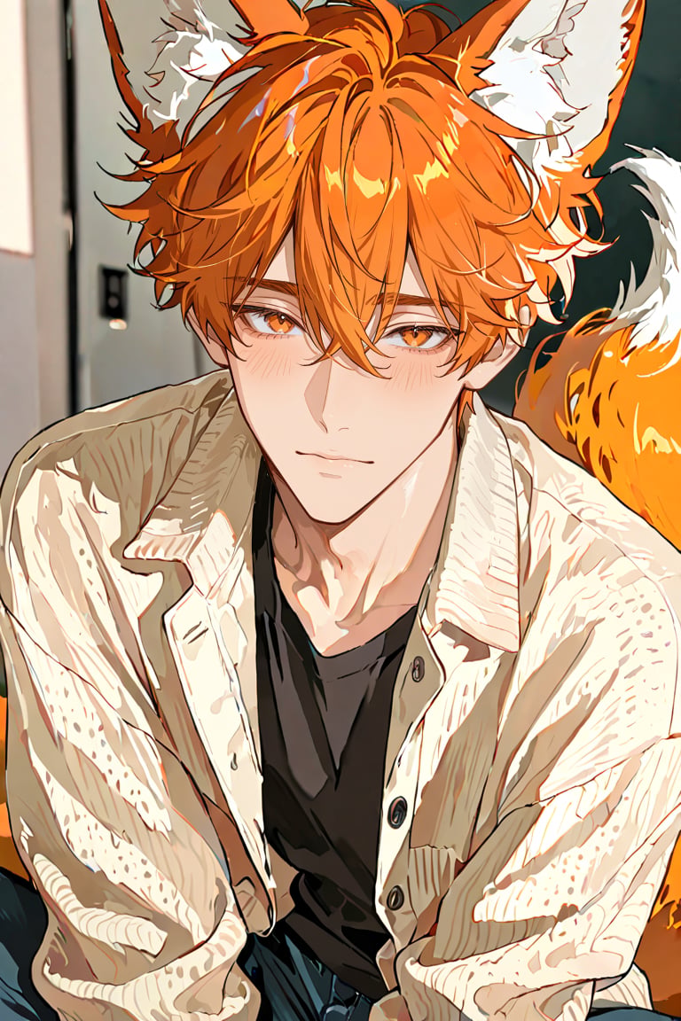 adorable shy demi-human male,  fox boy in his early 20s,  soft orange fluffy hair by Carmenta on Tensor.Art