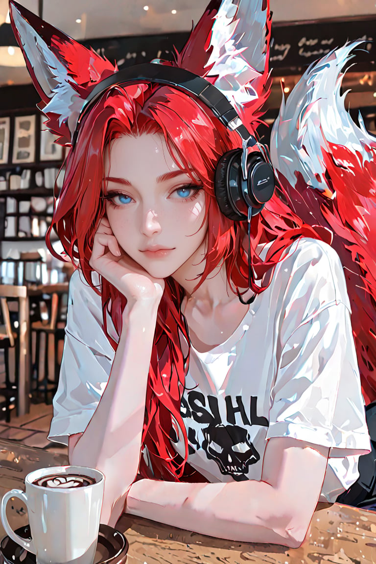 A redhead woman in her 20s,  sitting in a coffee shop. She has blue eyes and long hair. She has fox ears on top of her hea...