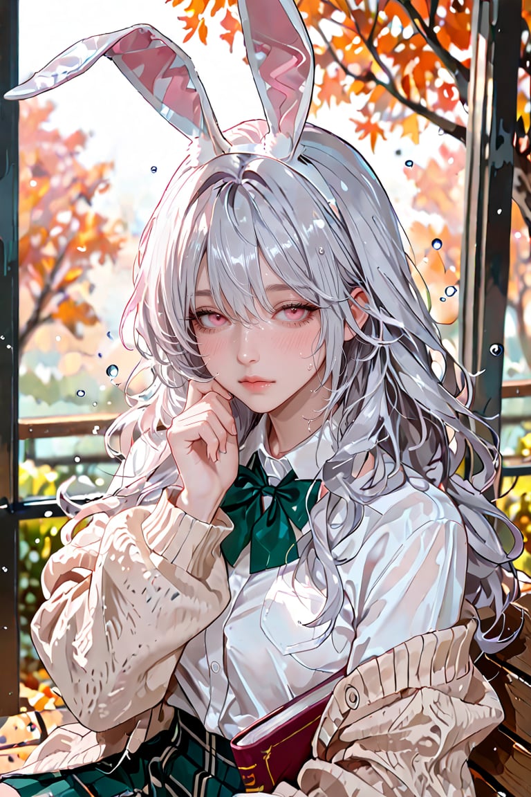 silver-haired bunny girl with long fluffy hair,  soft pink eyes,  realistic rabbit ears growing from her head by Carmenta...