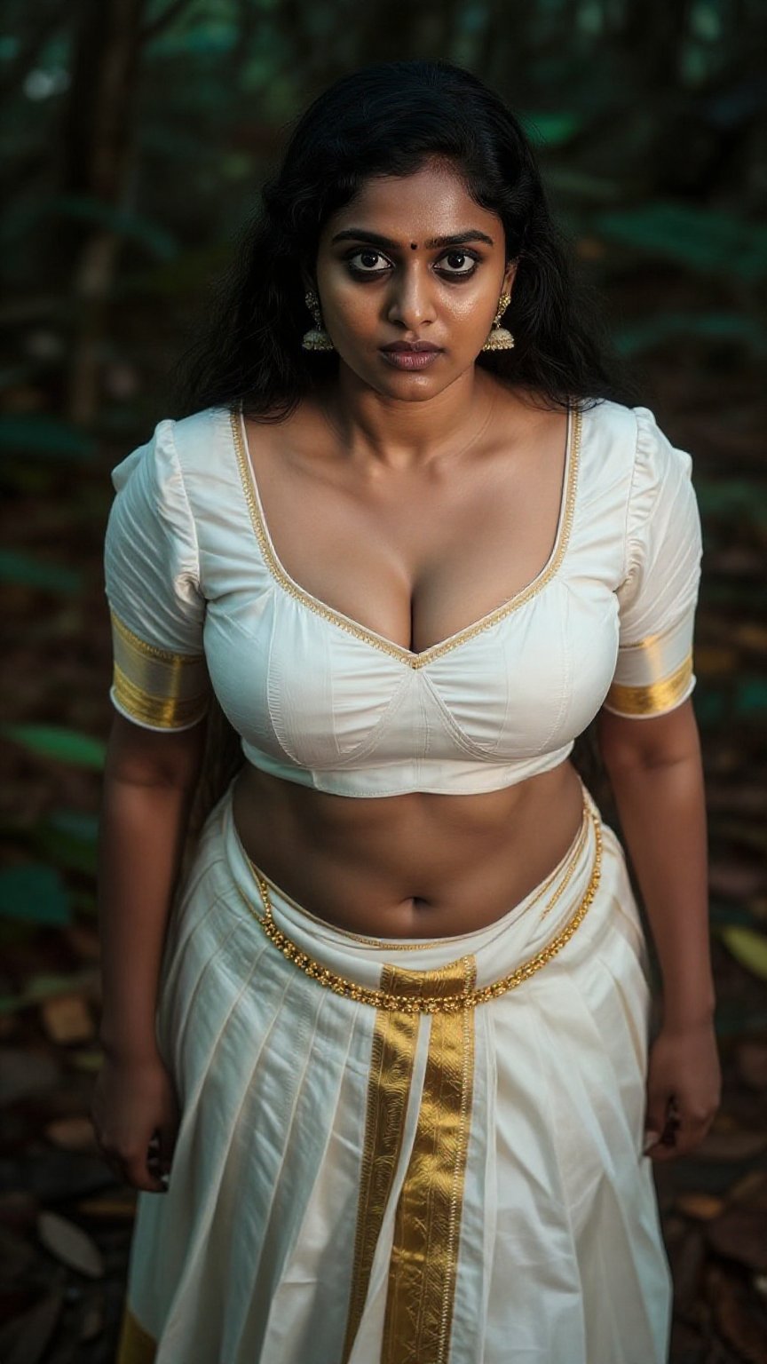 Ultra-realistic cinematic extreme overhead shot,  dark Kerala forest with dense shadowed canopy and soft volumetric light....