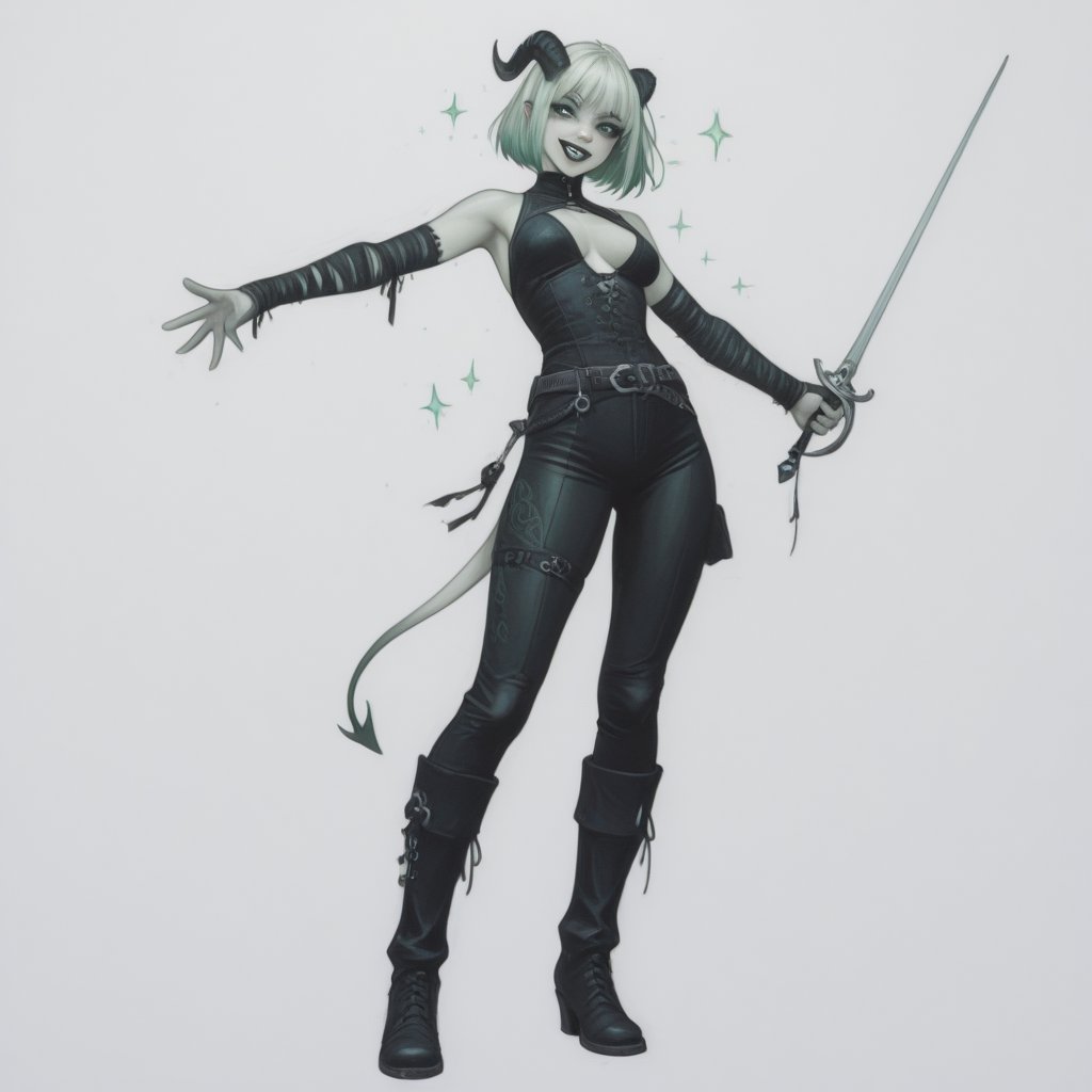 In a semi-realistic style reminiscent of a high-quality cartoon,  we see a captivating tiefling woman with a shy demeanor,...