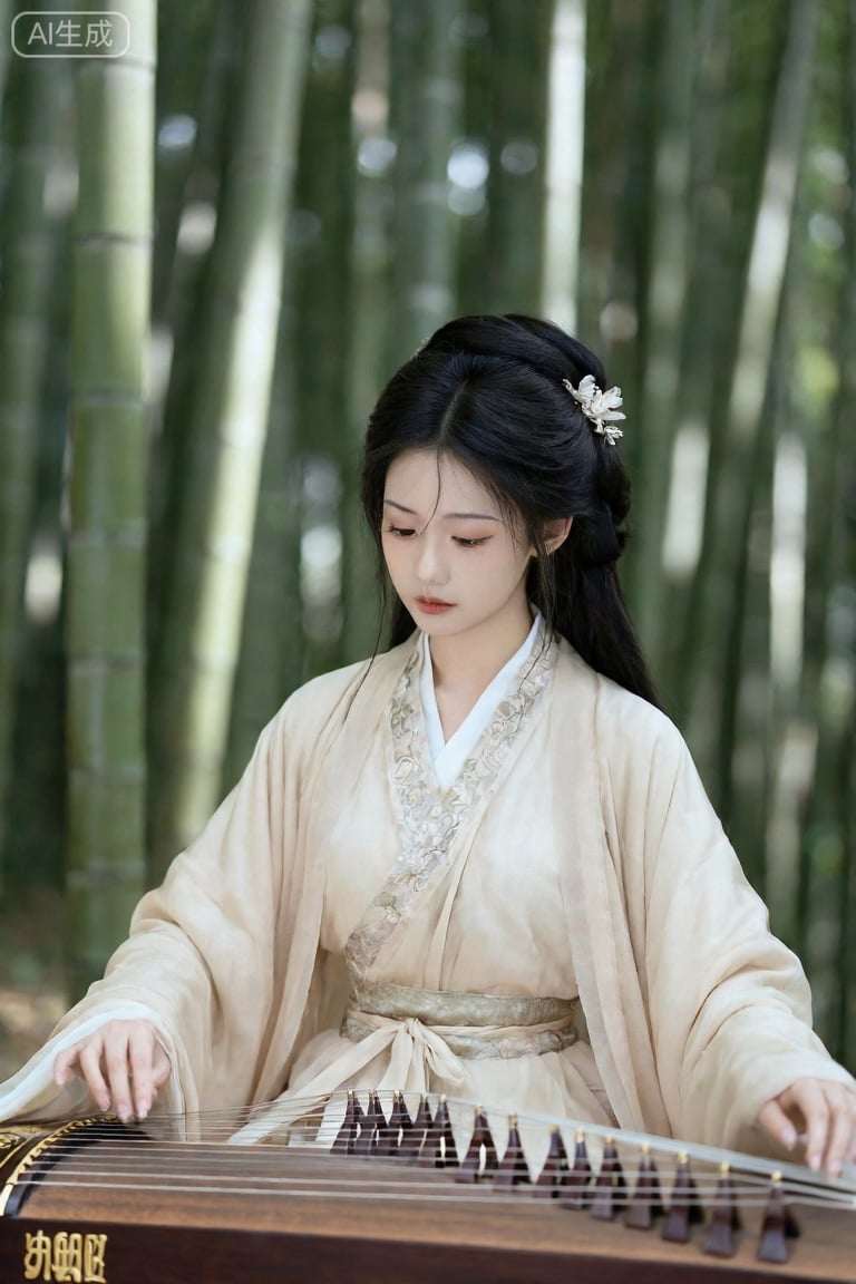 穿着汉服的古风小美女,  竹林,  弹古筝 by 考米袋 on Tensor.Art