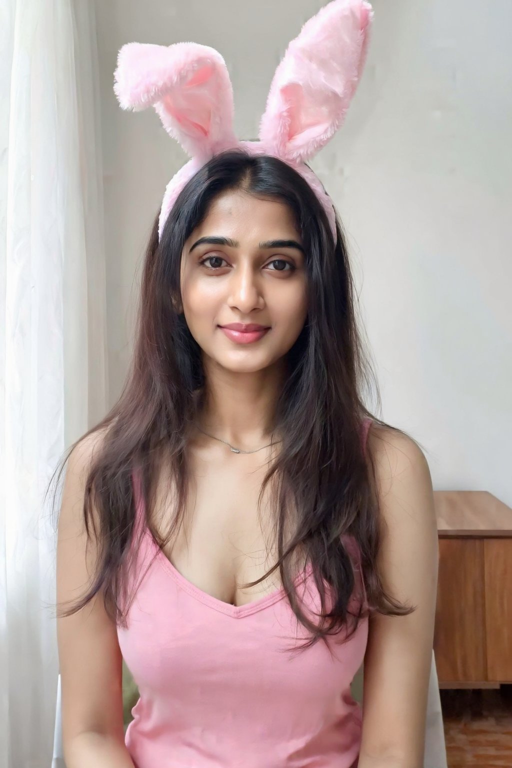 An Indian woman woman with long,  dark brown hair cascading naturally over her shoulders,  wearing a soft pink tank top an...