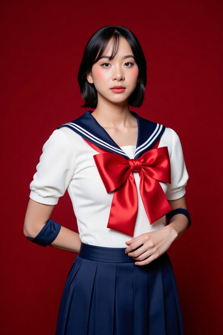 Create a realistic high-end studio portrait of a young Asian woman with short black bob hair,  softly styled with a clean...