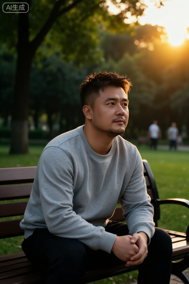 DY,  主体描述：一名脂包肌身材的男子赤裸上身,  坐在公园长椅上 by 一起旅行 on Tensor.Art