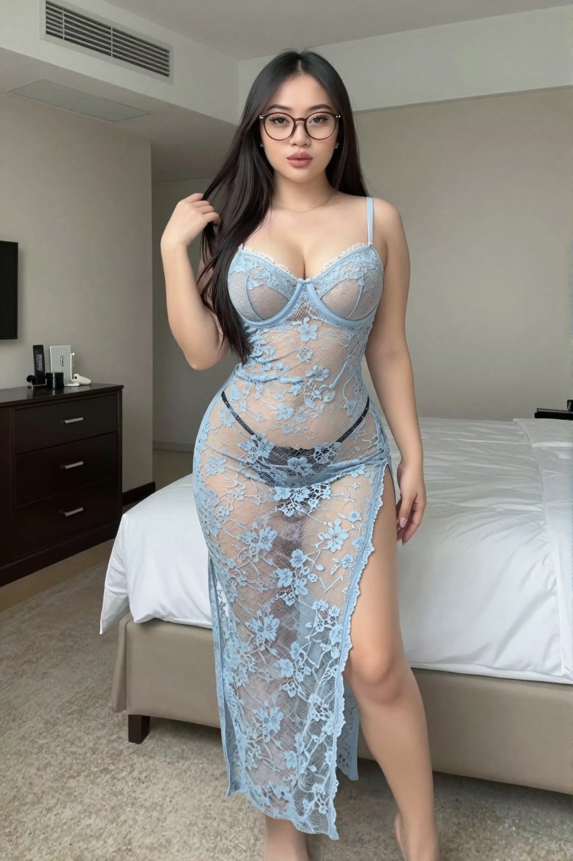 A young woman with long,  dark hair is the central figure in this portrait,  standing in a brightly lit hotel room by Asaa...