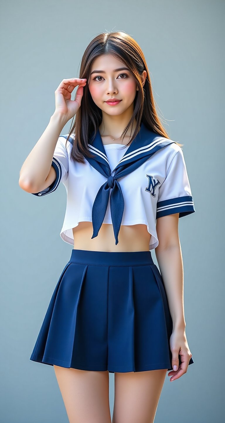 1girl solo navel school uniform serafuku midriff gym uniform buruma blue buruma realistic style,  @kiko,  sailor collar by...