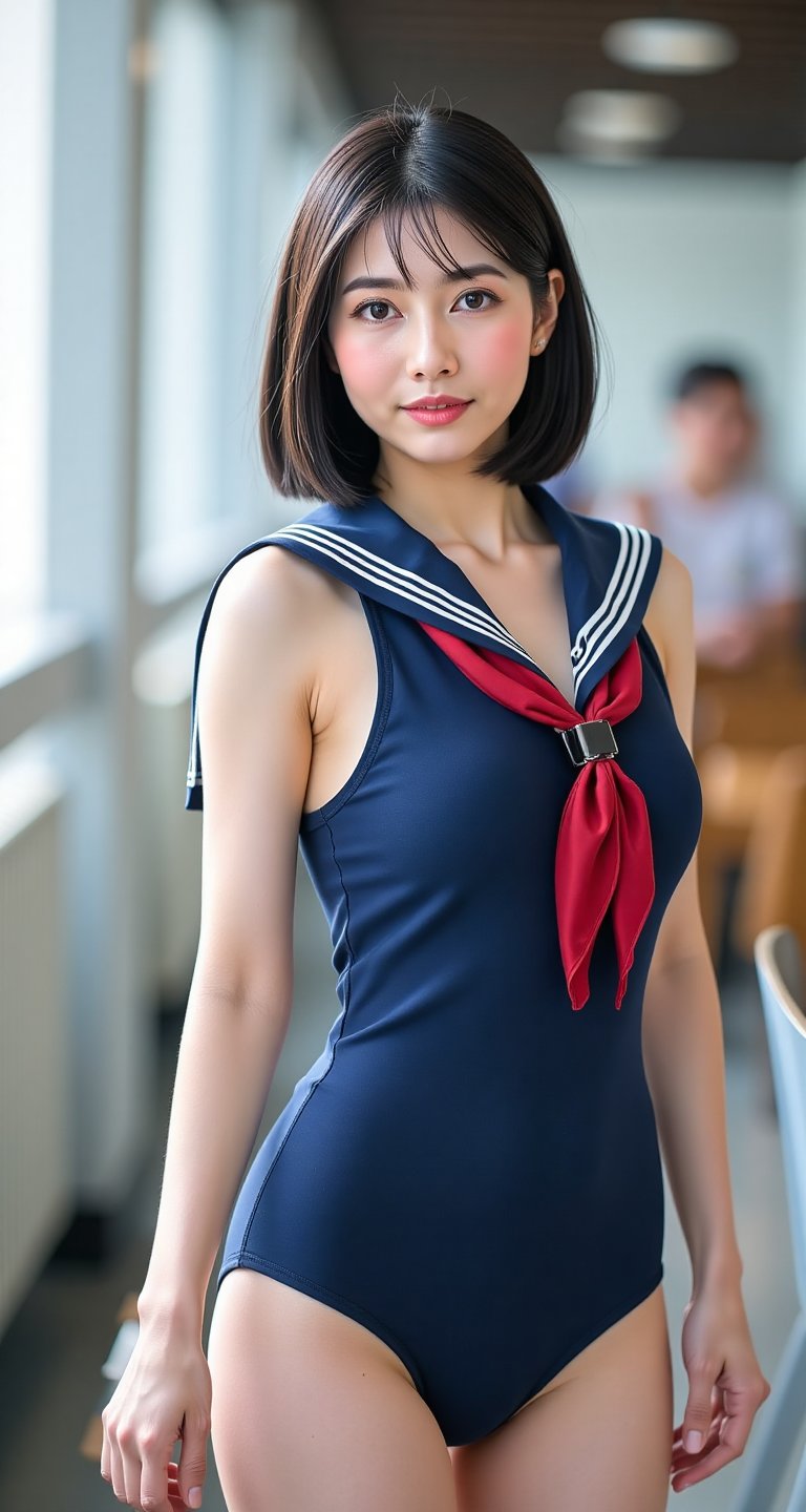 1girl looking at viewer short hair black hair school uniform swimsuit parted lips serafuku solo focus sailor collar blurry...