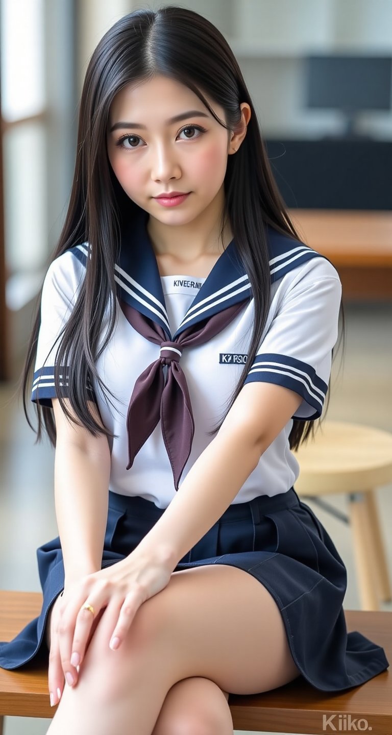 1girl solo long hair black hair sitting school uniform short sleeves serafuku lips neckerchief knee up realistic hand on o...