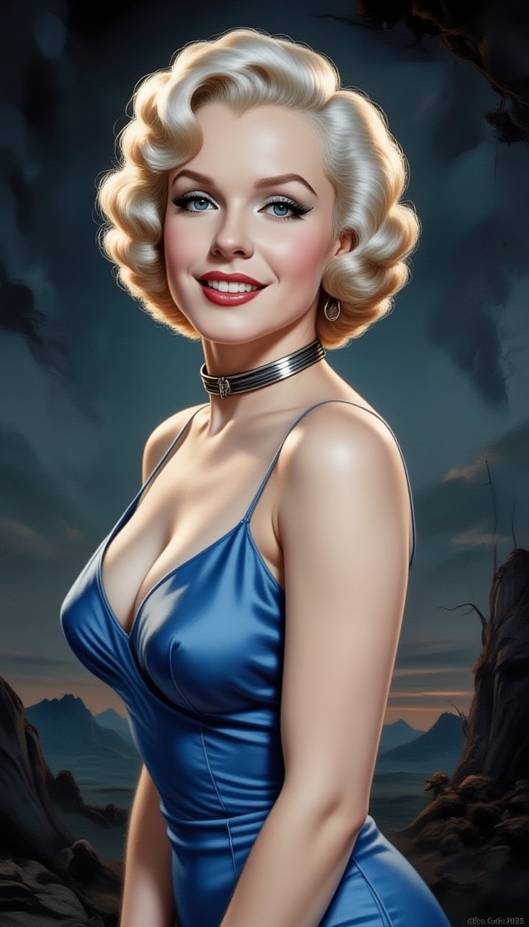 Emma looks like Marilyn Monroe,  body portrait of a photorealistic beautiful smiling seductress,  very short white blonde...